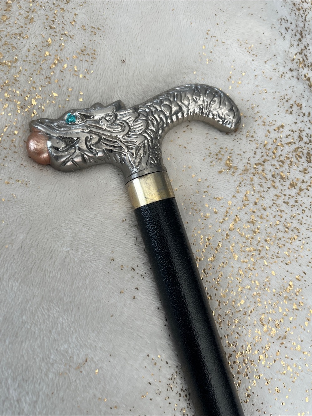 Decorative Silver Dragon Handle Reptile Cane - Black